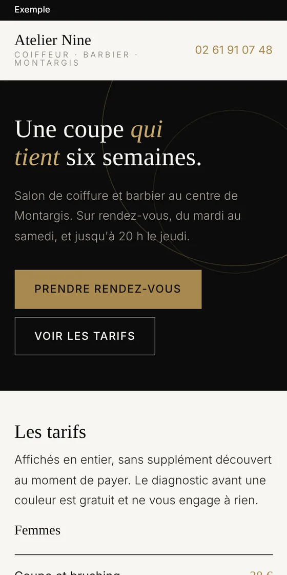 Site du salon Atelier Nine, vu sur un téléphone