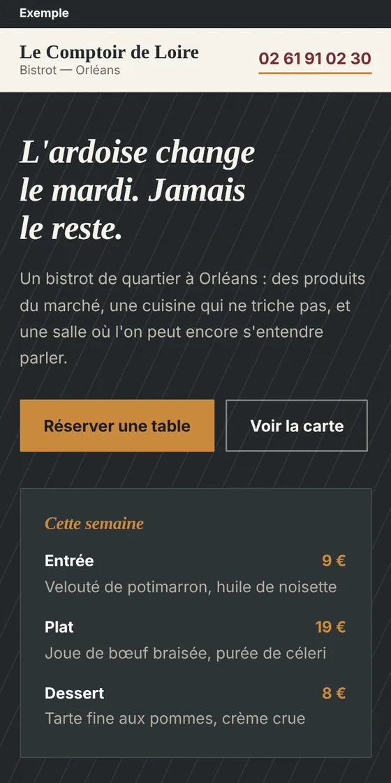 Site du bistrot Le Comptoir de Loire, vu sur un téléphone