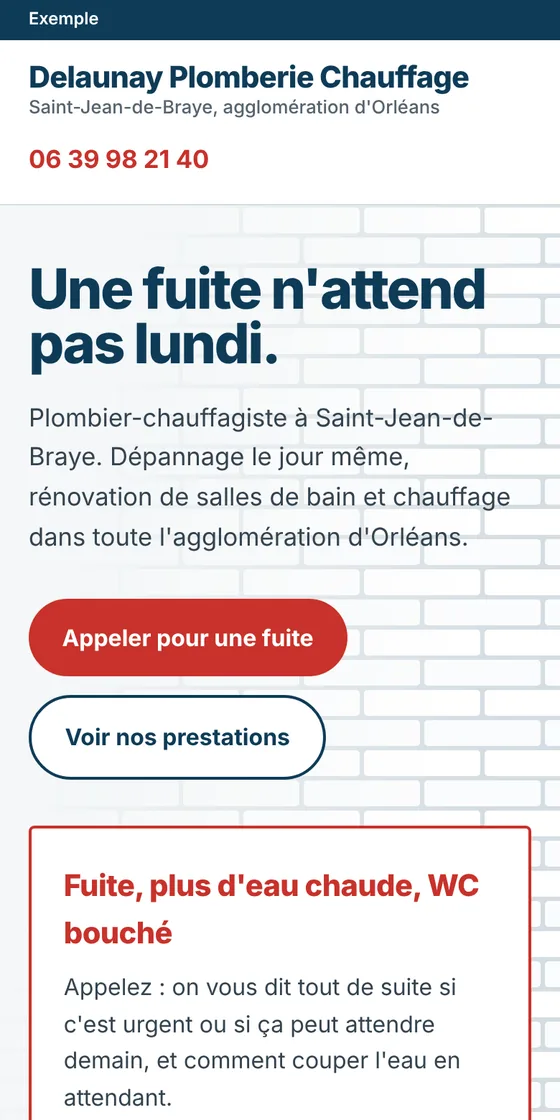Site de Delaunay Plomberie, vu sur un téléphone