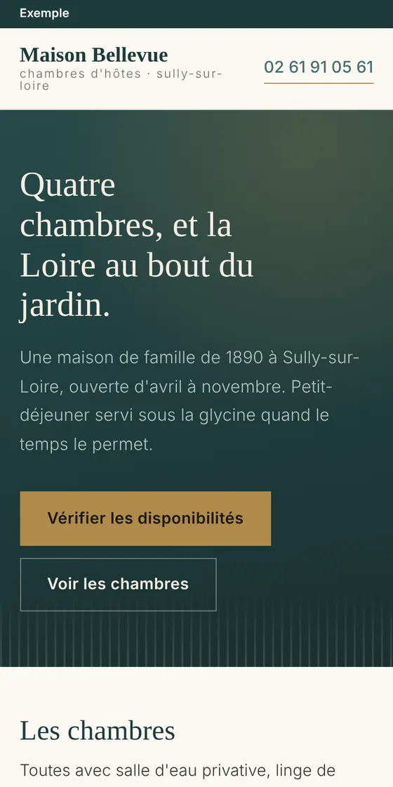 Site des chambres d'hôtes Maison Bellevue, vu sur un téléphone