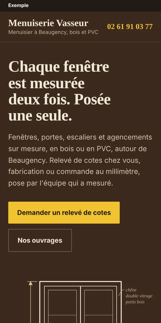 Site de la Menuiserie Vasseur, vu sur un téléphone