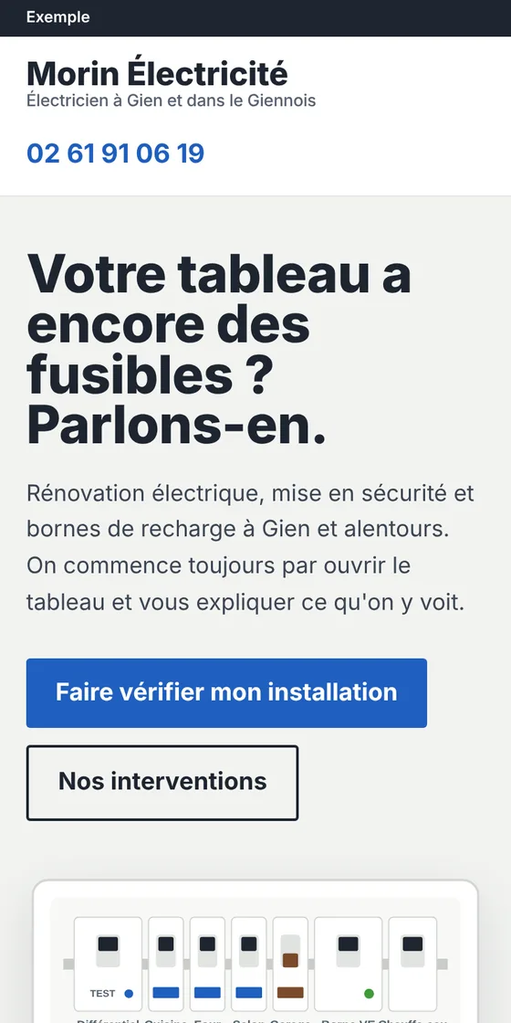 Site de Morin Électricité, vu sur un téléphone