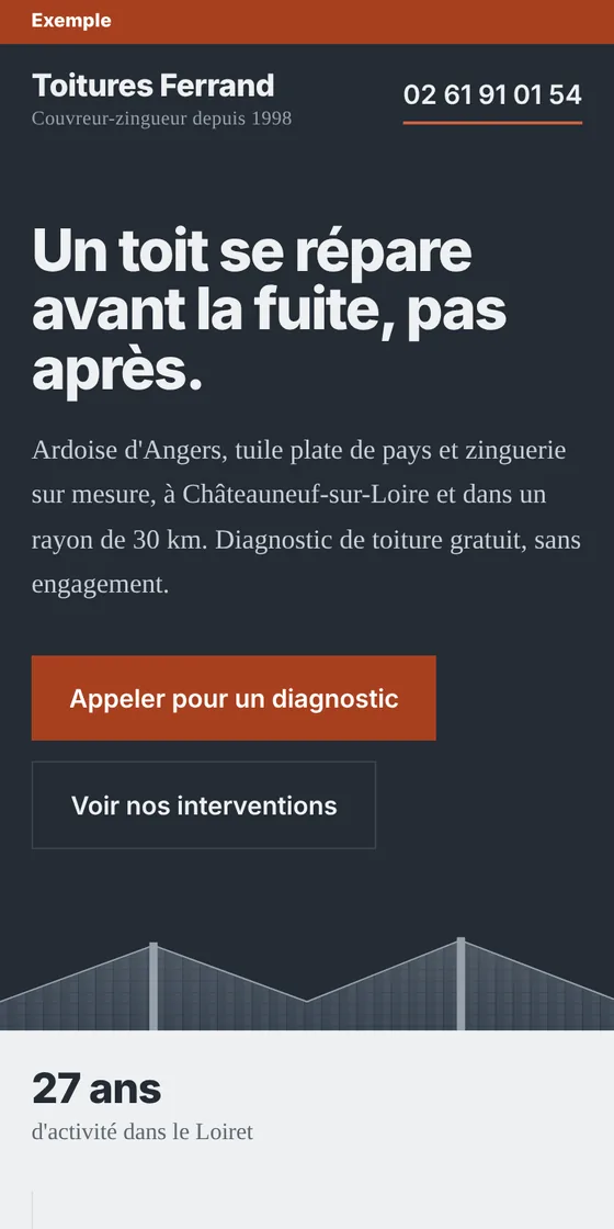Site de Toitures Ferrand, vu sur un téléphone